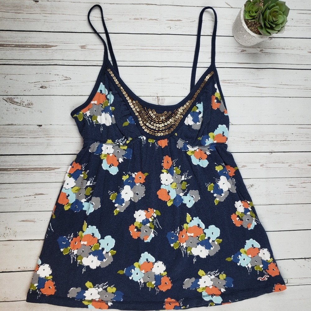Hollister Blue Floral Embellished Babydoll Tank